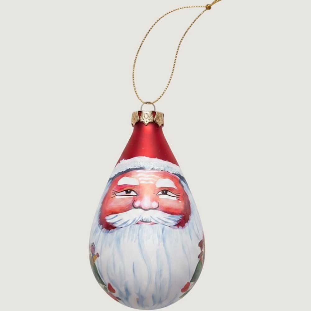 Vtg Hand Painted Glass Santa Claus Christmas Ornament Teardrop Red 4.5"